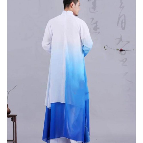 Men's folk dance wear red blue gradient youth chinese folk dance hanfu wushu chinese kung fu stage performance robe for man